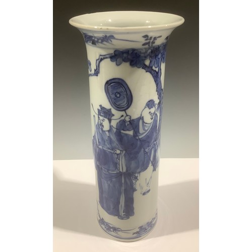 5115 - A late 19th century Chinese export ware cylindrical vase, painted in blue with courtly figures in a ... 