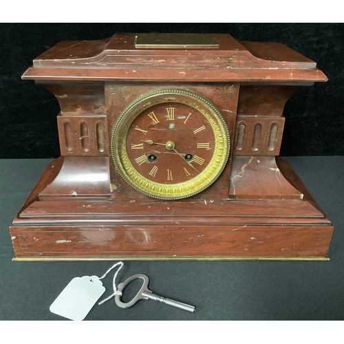 5269 - A French architectural rouge marble mantel clock, gilded Roman numerals, twin winding holes, 33cm wi... 