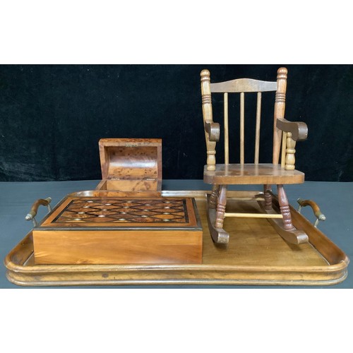 5275 - A mahogany two handled rounded rectangular tray; a miniature rocking chair; a burr walnut mother-of-... 