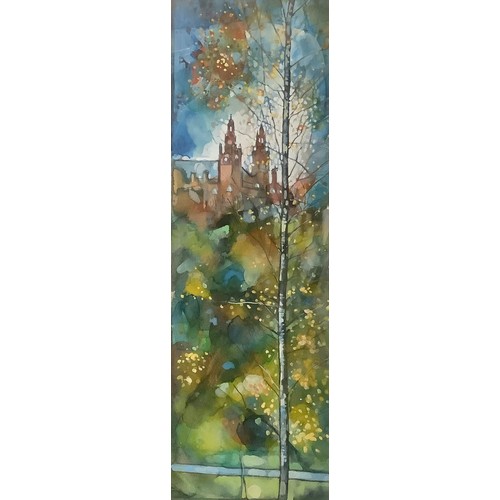 5343 - Bryan Evans
Kelvin Grove Towers Through The Birch Trees
signed, watercolour, 53cm x 16cm