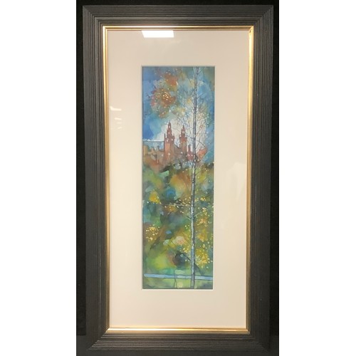 5343 - Bryan Evans
Kelvin Grove Towers Through The Birch Trees
signed, watercolour, 53cm x 16cm