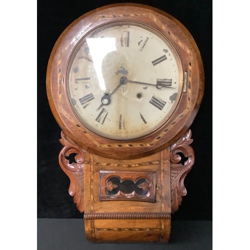 5359 - A 19th century mahogany drop dial wall clock, marquetry inlaid case, Roman numerals on cream dial, 6... 