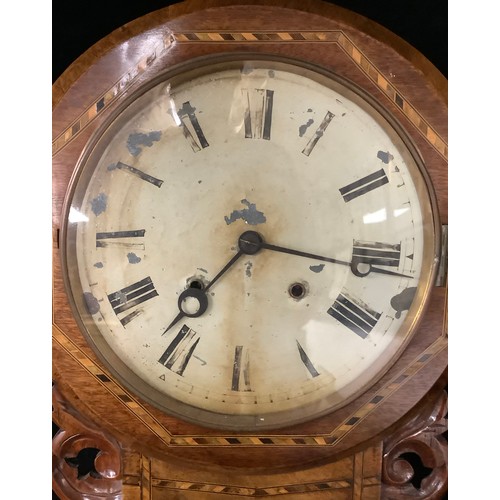 5359 - A 19th century mahogany drop dial wall clock, marquetry inlaid case, Roman numerals on cream dial, 6... 