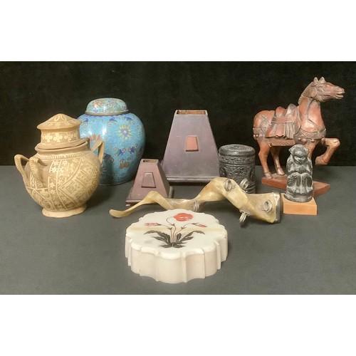 5376 - Oriental Boxes & Objects - a Chinese cloisonne ovoid ginger jar; a carved horse; an Indian hide jar ... 