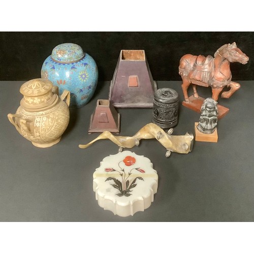 5376 - Oriental Boxes & Objects - a Chinese cloisonne ovoid ginger jar; a carved horse; an Indian hide jar ... 