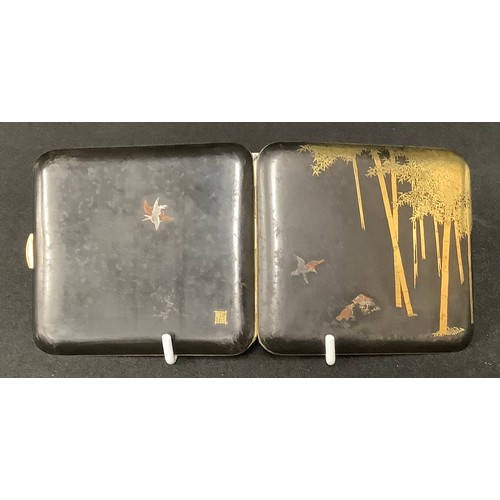 5386 - A Japanese Komai cigarette case, decorated in gold, silver and copper, with bids amongst bamboo, cha... 