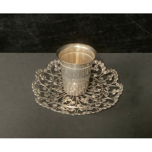 5387 - A silver coloured metal wirework bon bon dish, 13.5cm diameter; a silver coloured metal cylindrical ... 