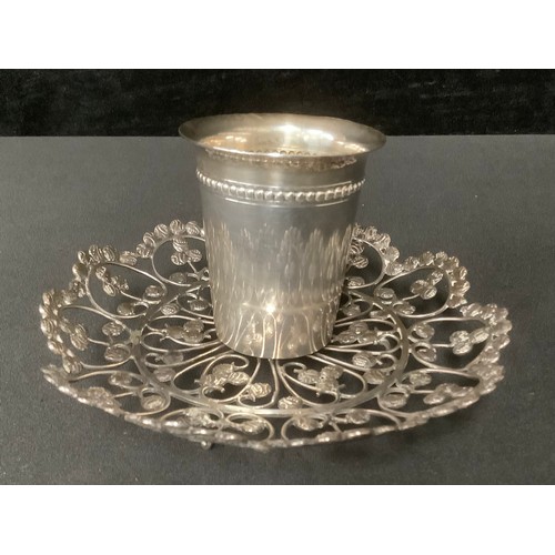 5387 - A silver coloured metal wirework bon bon dish, 13.5cm diameter; a silver coloured metal cylindrical ... 