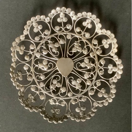 5387 - A silver coloured metal wirework bon bon dish, 13.5cm diameter; a silver coloured metal cylindrical ... 