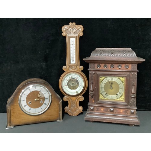 5390 - An early 20th century bracket style mantel clock, silvered dial, Roman numerals, twin winding holes;... 