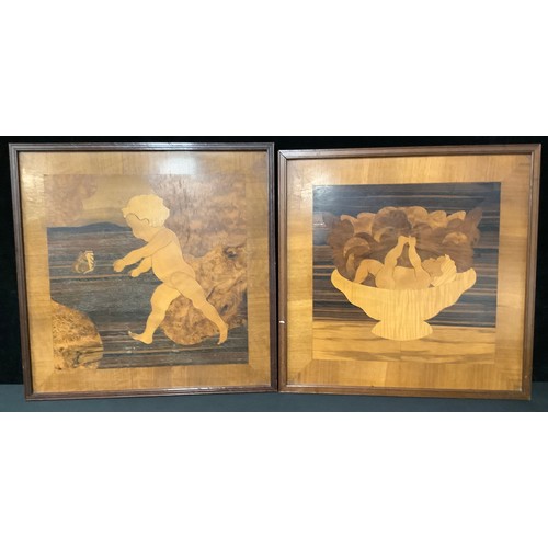 5404 - W.Theobald, marquetry panel 
Child chasing butterfly
Signed, 46cm x 46cm; another, similar (2)