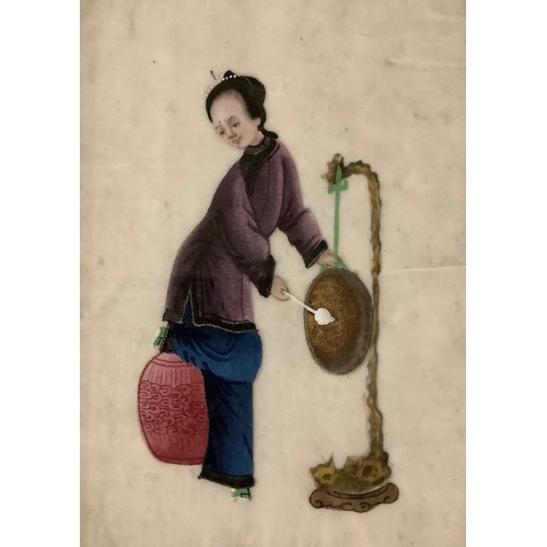 5408 - 19th century, Chinese School
Chinese Lady Banging a Gong  
unsigned, watercolour, 14cm x 19cm