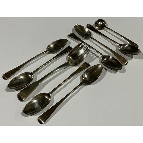 5317 - A set of six George III silver teaspoons, London 1814; a George III silver runcible spoon, London 18... 