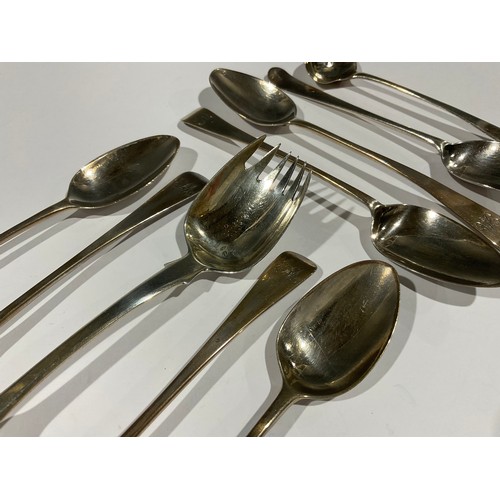 5317 - A set of six George III silver teaspoons, London 1814; a George III silver runcible spoon, London 18... 