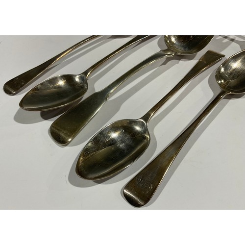 5317 - A set of six George III silver teaspoons, London 1814; a George III silver runcible spoon, London 18... 