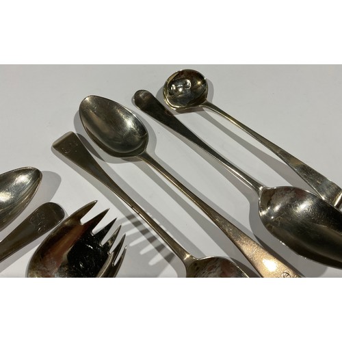 5317 - A set of six George III silver teaspoons, London 1814; a George III silver runcible spoon, London 18... 