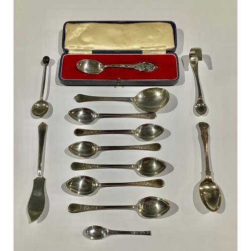 5322 - A set of six silver teaspoons, Birmingham 1927; a silver 1937 Coronation teaspoon, Sheffield 1936, c... 