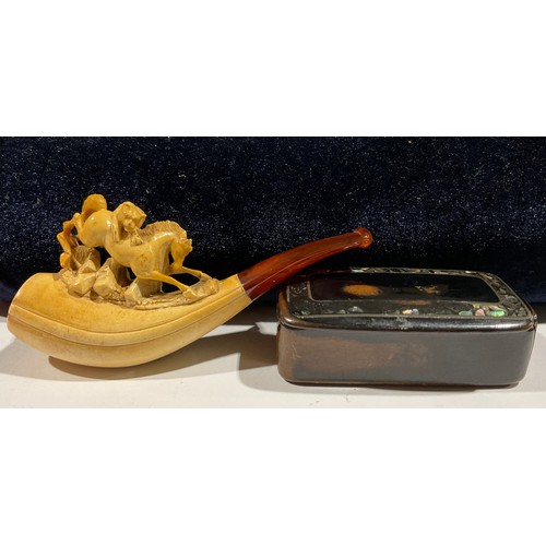 5430 - A meerschaum horse and lion cheroot holder; a papier-mâché snuff box, the border inlaid with mother ... 