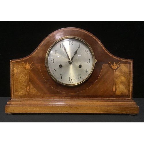 5436 - An Edwardian mahogany inlaid mantel clock, silvered dial, Arabic numerals, twin winding holes, eight... 