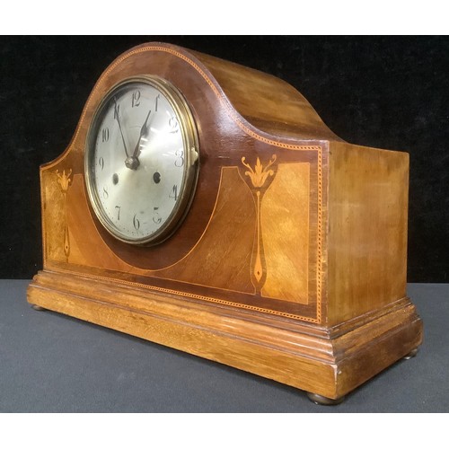 5436 - An Edwardian mahogany inlaid mantel clock, silvered dial, Arabic numerals, twin winding holes, eight... 