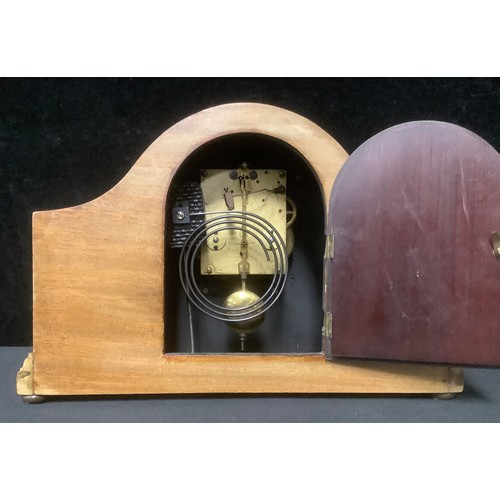 5436 - An Edwardian mahogany inlaid mantel clock, silvered dial, Arabic numerals, twin winding holes, eight... 