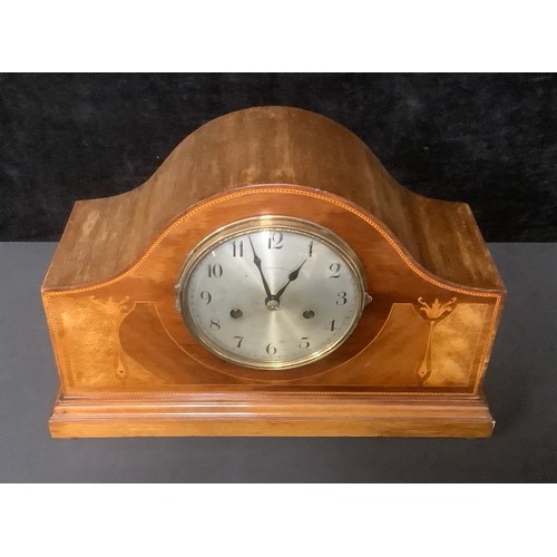 5436 - An Edwardian mahogany inlaid mantel clock, silvered dial, Arabic numerals, twin winding holes, eight... 