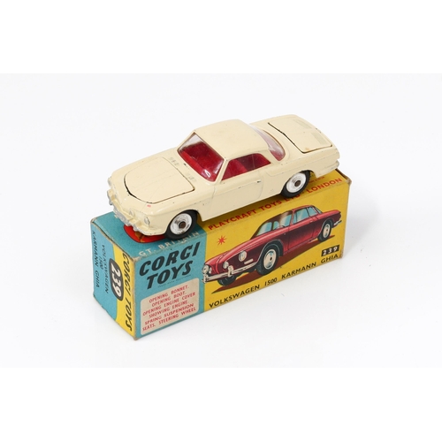 7118 - Corgi Toys 239 Volkswagen 1500 Karmann Ghia, cream body with red interior, spun hubs, boxed