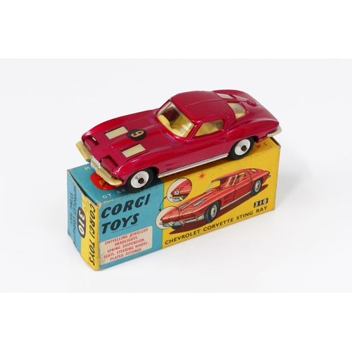 7120 - Corgi Toys 310 Chevrolet Corvette Sting Ray, metallic cerise body with racing number '9' decal to bo... 