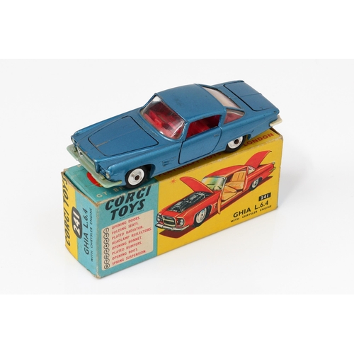 7122 - Corgi Toys 241 Ghia L.6.4 with Chrysler engine, metallic blue body, red interior, trademark plastic ... 