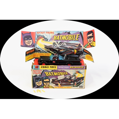 7126 - Corgi Toys 267 Rocket Firing Batmobile, black body with black and red Bat decals to side doors, seat... 