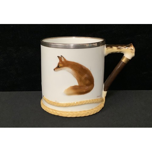 5468 - A Royal Doulton, Reynard the Fox, silver mounted mug, made for G. B. & Sons, Ltd., London, 9cm high,... 