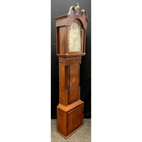 48 - A 19th century cross banded oak and mahogany longcase clock, painted dial named Prince Hunslet, Arab... 