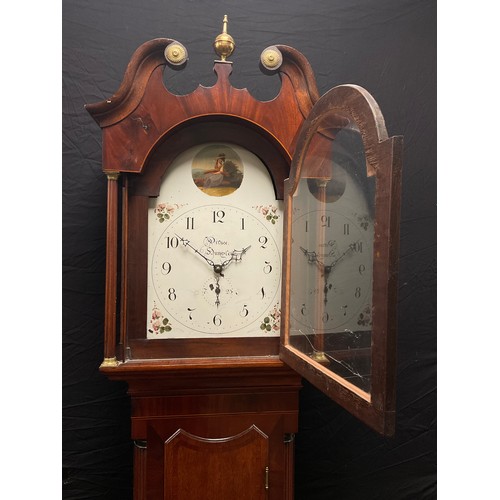 48 - A 19th century cross banded oak and mahogany longcase clock, painted dial named Prince Hunslet, Arab... 