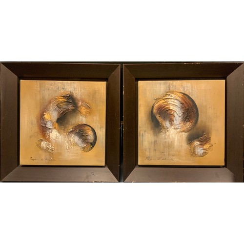 64 - Eugenia de Almeida, a pair, abstract school, Textural compositions in earth-tones, each signed, oil ... 