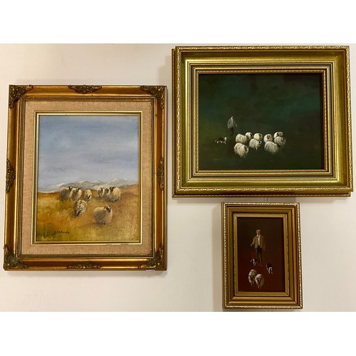 77 - G. E. Woods (British, second half 20th century), Highland Sheep, signed, oil on board, 25cm x 20cm; ... 