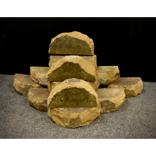 78 - Derbyshire gritstone coping stones, 17 in total, each approx. 14cm x 32cm x 11cm.