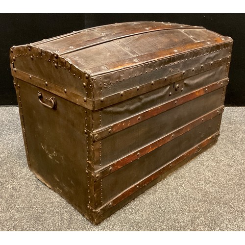 79 - A Victorian leather-bound pine dome-top steamer or travel trunk, 63cm high x 85cm x 50cm.