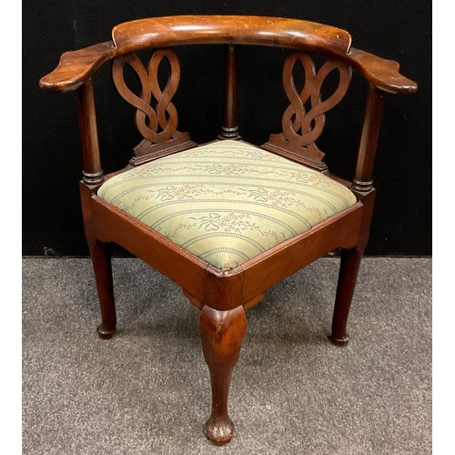 90 - A 19th century walnut corner open arm chair, carved ‘endless-knot’ splats, drop in seat, cabriole fo... 