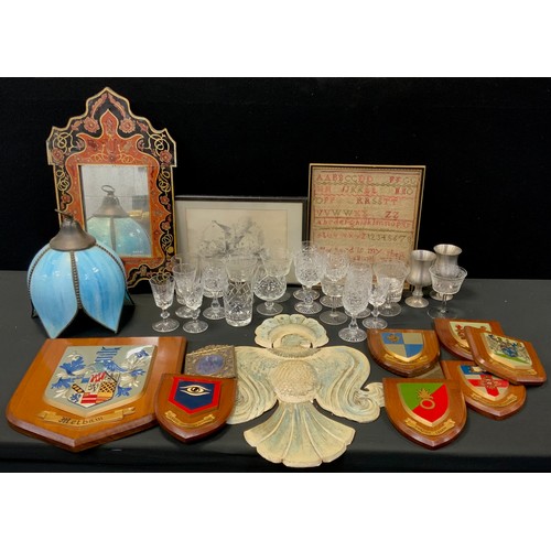 122 - Boxes and Objects - a Victorian embroidered 32cm x 27cm, Thomas Webb cut glass wine glasses, moulded... 