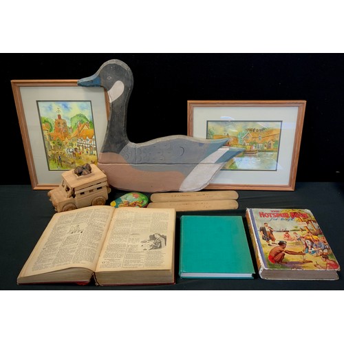 141 - Boxes & Objects  - a wooden wall plaque as a Goose, pair of juggling clubs, wooden car , books inc H... 