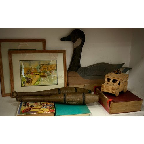 141 - Boxes & Objects  - a wooden wall plaque as a Goose, pair of juggling clubs, wooden car , books inc H... 