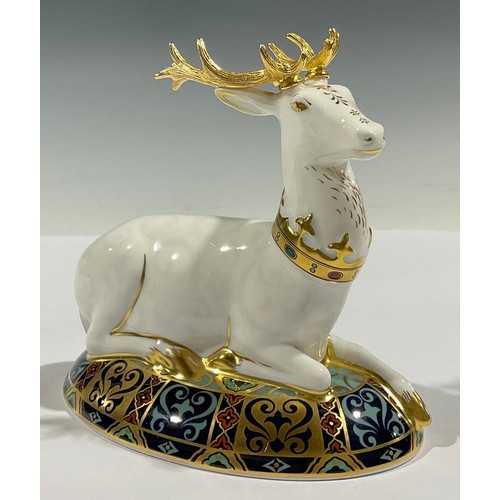 5201 - A Royal Crown Derby paperweight, The White Hart Heraldic  Stag, inspired by Heraldic Beasts, designe... 