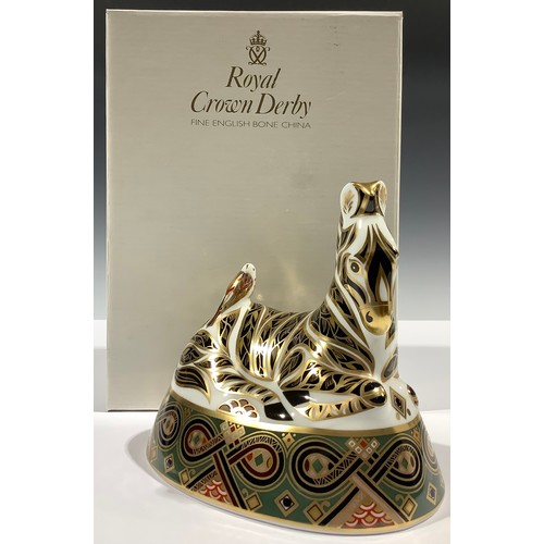 5226 - A Royal Crown Derby paperweight, Zebra, gold stopper, 14.5cm wide, printed mark in red, boxed