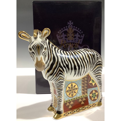 5227 - A Royal Crown Derby paperweight, Zebra, gold stopper, 16cm high, printed mark in red, boxed