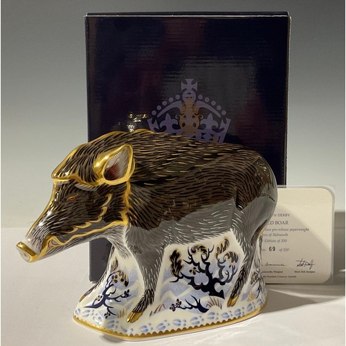 5203 - A Royal Crown Derby paperweight, The Wild Boar, Govier's of Sidmouth exclusive pre-release double si... 