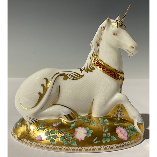 5119 - A Royal Crown Derby paperweight, Mythical Unicorn, Govier's of Sidmouth exclusive, designed by June ... 