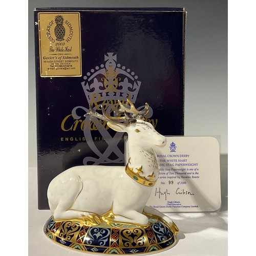 5202 - A Royal Crown Derby paperweight, The White Hart Heraldic Stag, designed by Louise Adams, limited edi... 