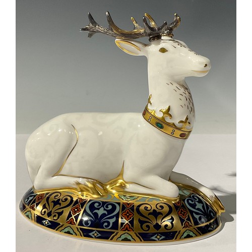 5202 - A Royal Crown Derby paperweight, The White Hart Heraldic Stag, designed by Louise Adams, limited edi... 