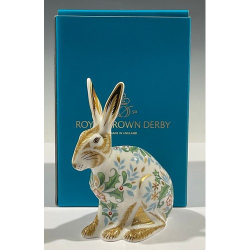 5222 - A Royal Crown Derby paperweight, Winter Hare, gold stopper, 13cm, printed mark in grey, boxed