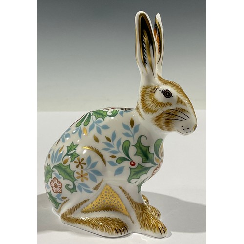 5222 - A Royal Crown Derby paperweight, Winter Hare, gold stopper, 13cm, printed mark in grey, boxed